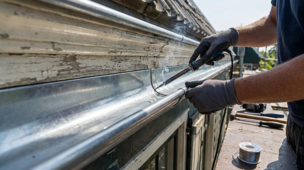 Nieuw zinkwerk aan een pand in de oude haven