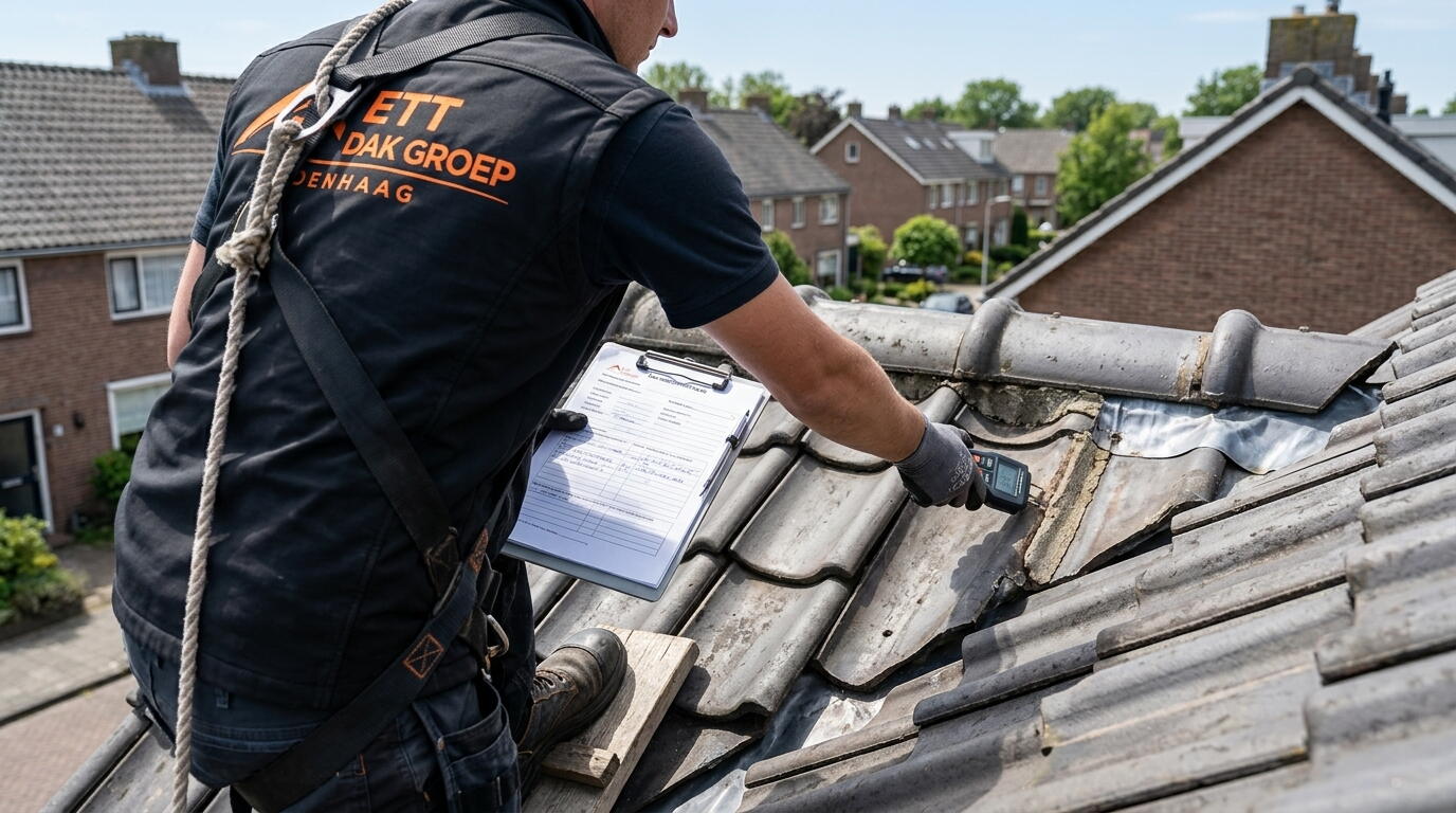 Dakdekker voert dakinspectie uit op een dak in Den Haag