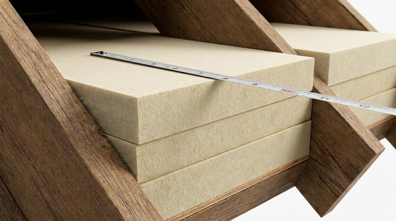 Doorsnede van dakisolatie met meetlint dat de isolatiedikte toont