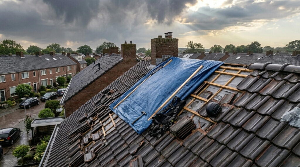 stormschade op een dak na een storm