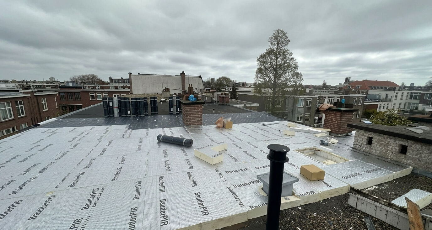 Nieuwe dakbedekking wordt aangebracht op een plat dak