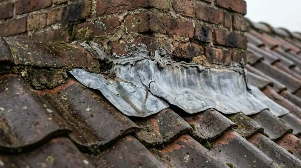 Versleten loodslab bij de schoorsteen als oorzaak van een lekkage